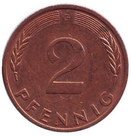 Монета 2 пфеннига. 1992 год (G), ФРГ. Дубовые листья. Монета 2 пфеннига. 1992 год (G), ФРГ. Дубовые листья.