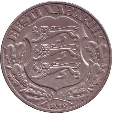 Монета 2 кроны. 1932 год, Эстония. 300 лет университету в Тарту. Монета 2 кроны. 1932 год, Эстония. 300 лет университету в Тарту.