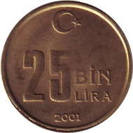 Монета 25000 лир. 2001 год, Турция. Монета 25000 лир. 2001 год, Турция.