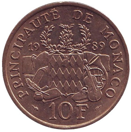 Монета 10 франков. 1989 год, Монако. 25 лет со дня смерти Принца Пьера.