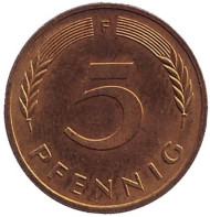 Монета 5 пфеннигов. 1992 год (F), ФРГ. Дубовые листья. Монета 5 пфеннигов. 1992 год (F), ФРГ. Дубовые листья.