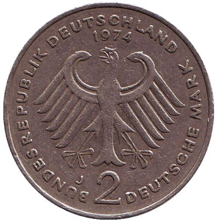 Монета 2 марки. 1974 год (J), ФРГ. Теодор Хойс. Монета 2 марки. 1974 год (J), ФРГ. Теодор Хойс.