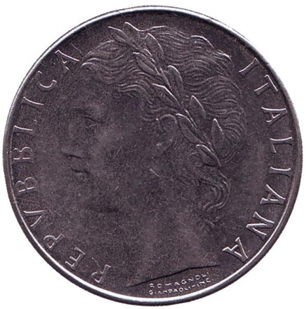 Монета 100 лир. 1989 год, Италия. Богиня мудрости Минерва рядом с оливковым деревом. Монета 100 лир. 1989 год, Италия. Богиня мудрости Минерва рядом с оливковым деревом.