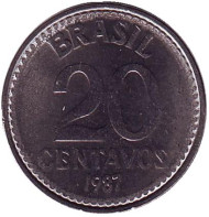 Монета 20 сентаво. 1987 год, Бразилия. Монета 20 сентаво. 1987 год, Бразилия.