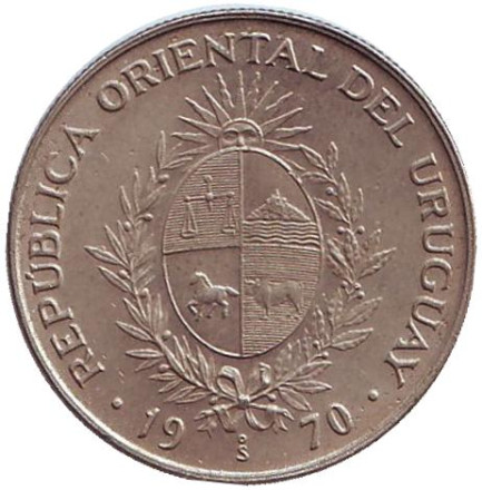 Монета 20 песо. 1970 год, Уругвай. Монета 20 песо. 1970 год, Уругвай.