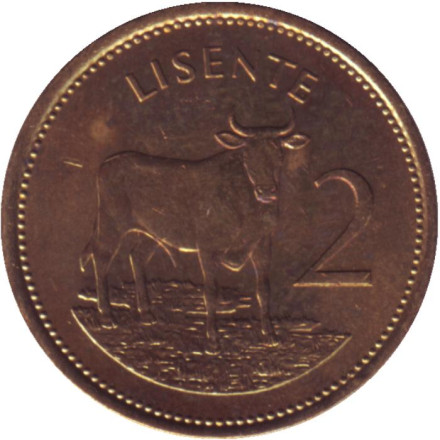Монета 2 лисенте. 1979 год, Лесото. VF-XF. Корова.