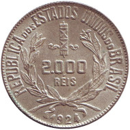 Монета 2000 рейсов. 1924 год, Бразилия. Монета 2000 рейсов. 1924 год, Бразилия.