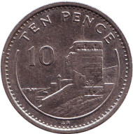 Монета 10 пенсов. 1991 год, Гибралтар. Мавританский замок. (AB). Монета 10 пенсов. 1991 год, Гибралтар. Мавританский замок. (AB).