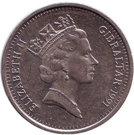 Монета 10 пенсов. 1991 год, Гибралтар. Мавританский замок. (AB).