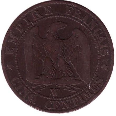 Монета 5 сантимов. 1856 год (W), Франция. Наполеон III.