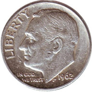 Монета 10 центов. 1962 год, США. Монетный двор D. Рузвельт. Монета 10 центов. 1962 год, США. Монетный двор D. Рузвельт.