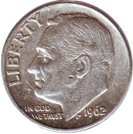 Монета 10 центов. 1962 год, США. Монетный двор D. Рузвельт.