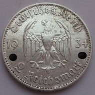 Монета 2 рейхсмарки. 1934 год, Германия (Третий Рейх). (F). Монета 2 рейхсмарки. 1934 год, Германия (Третий Рейх). (F).