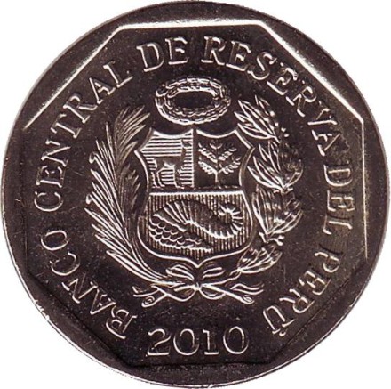 Монета 1 соль. 2010 год, Перу. Золотой туми. Монета 1 соль. 2010 год, Перу. Золотой туми.