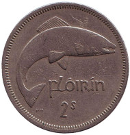 Монета 2 шиллинга (1 флорин). 1966 год, Ирландия. Лосось.