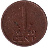 Монета 1 цент. 1950 год, Нидерланды. Монета 1 цент. 1950 год, Нидерланды.