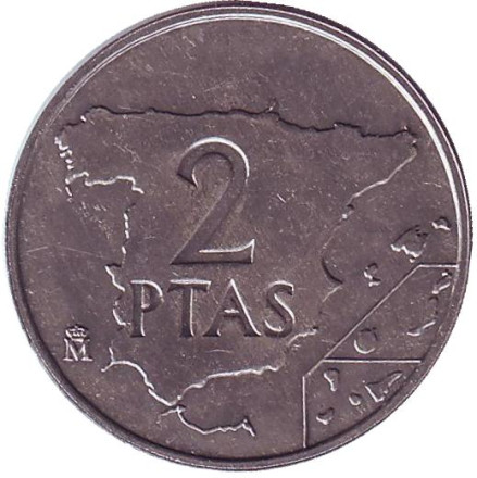 Монета 2 песеты. 1982 год, Испания. UNC. Карта Испании.