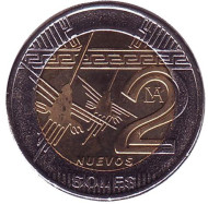 Монета 2 новых соля. 2010 год, Перу. Рисунки пустыни Наска. Колибри. Монета 2 новых соля. 2010 год, Перу. Рисунки пустыни Наска. Колибри.