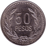 Монета 50 песо. 2009 год, Колумбия. (Магнитная). Монета 50 песо. 2009 год, Колумбия. (Магнитная).