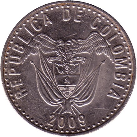 Монета 50 песо. 2009 год, Колумбия. (Магнитная). Монета 50 песо. 2009 год, Колумбия. (Магнитная).