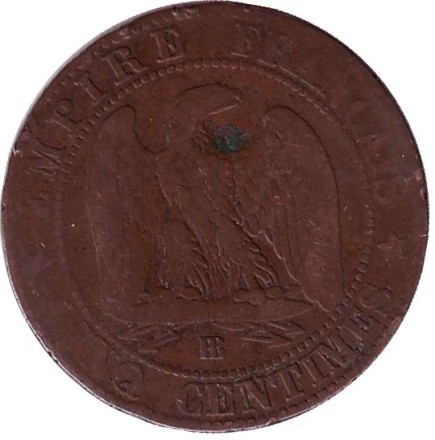 Монета 5 сантимов. 1864 год (BB), Франция. Наполеон III.