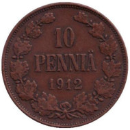 Монета 10 пенни. 1912 год, Финляндия в составе Российской Империи. Монета 10 пенни. 1912 год, Финляндия в составе Российской Империи.