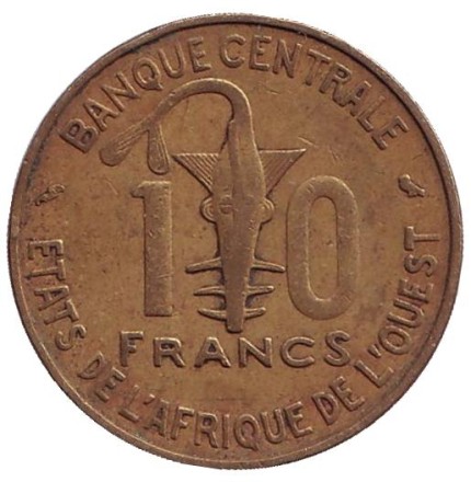 Монета 10 франков. 1974 год, Западные Африканские Штаты. Газель. Монета 10 франков. 1974 год, Западные Африканские Штаты. Газель.