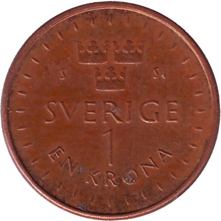 Монета 1 крона. 2016 год, Швеция. Новый дизайн. Король Карл XVI Густав.