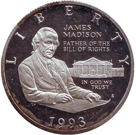 Монета 50 центов (S). 1993 год, США. Билль о правах. Джеймс Мэдисон.