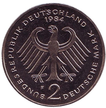 Монета 2 марки. 1984 год (F), ФРГ. Курт Шумахер.