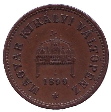 Монета 2 филлера. 1899 год, Австро-Венгерская империя. Венгерский тип. Монета 2 филлера. 1899 год, Австро-Венгерская империя. Венгерский тип.