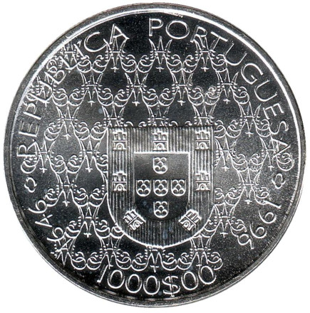 Монета 1000 эскудо, 1996 год, Португалия. 350 лет статуе Божьей Матери. Монета 1000 эскудо, 1996 год, Португалия. 350 лет статуе Божьей Матери.