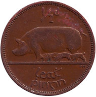 Монета 1/2 пенни. 1946 год, Ирландия. Свинья. Монета 1/2 пенни. 1946 год, Ирландия. Свинья.