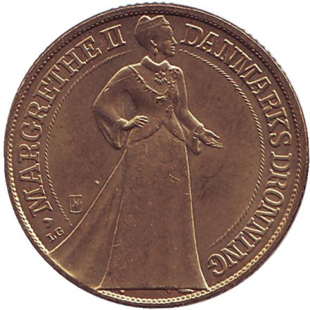 Монета 20 крон. 1997 год, Дания. 25 лет правлению Королевы.