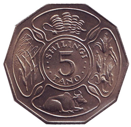 Монета 5 шиллингов. 1971 год, Танзания. 10 лет Независимости Танзании.
