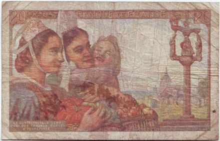 Банкнота 20 франков. 1949 год, Франция. Рыбак. Банкнота 20 франков. 1949 год, Франция. Рыбак.
