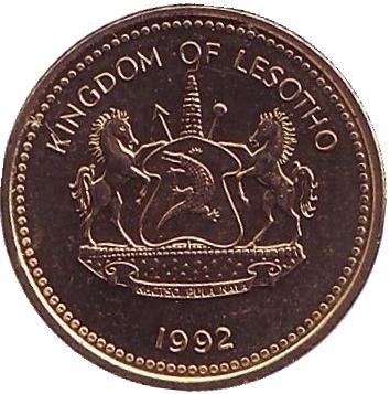 Монета 1 сенте. 1992 год, Лесото. Соломенная шляпа народа Басуто.