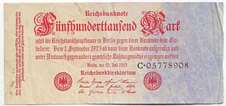 Рейхсбанкнота 500.000 марок. 1923 год, Веймарская республика.