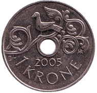 Монета 1 крона. 2005 год, Норвегия. Птица на виноградной лозе. Монета 1 крона. 2005 год, Норвегия. Птица на виноградной лозе.