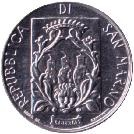 Монета 1 лира. 1988 год, Сан-Марино. Фортификация. Мельница. Монета 1 лира. 1988 год, Сан-Марино. Фортификация. Мельница.