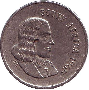 Монета 5 центов. 1965 год, Южная Африка. (South Africa). Из обращения. Африканская красавка.