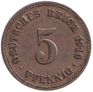 Монета 5 пфеннигов. 1910 год (A), Германская империя. Монета 5 пфеннигов. 1910 год (A), Германская империя.