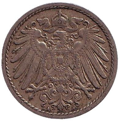 Монета 5 пфеннигов. 1910 год (A), Германская империя. Монета 5 пфеннигов. 1910 год (A), Германская империя.
