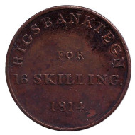 Монета 16 скиллингов. 1814 год, Дания. Монета 16 скиллингов. 1814 год, Дания.