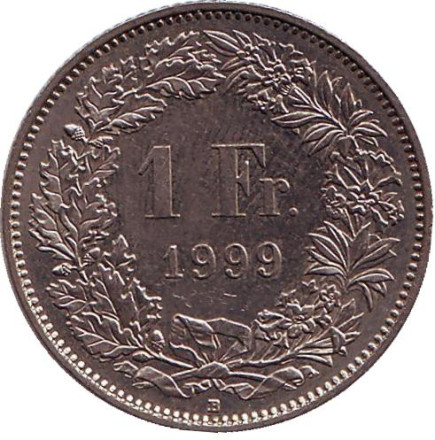 Монета 1 франк. 1999 (В) год, Швейцария. Гельвеция.