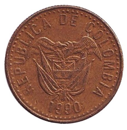 Монета 20 песо. 1990 год, Колумбия.