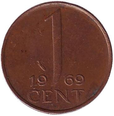 Монета 1 цент. 1969 год, Нидерланды. (рыбка)