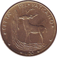 Благородный олень. Монета 20 лир. 1970 год, Ватикан.