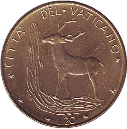 Монета 20 лир. 1970 год, Ватикан. Благородный олень.
