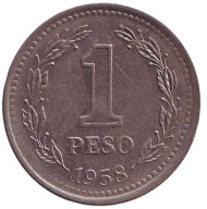 Монета 1 песо. 1958 год, Аргентина. Монета 1 песо. 1958 год, Аргентина.